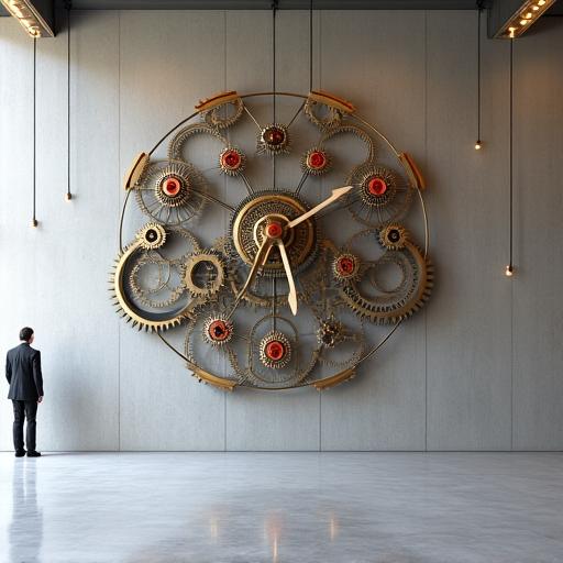 ミニマリストの壁に露出した歯車が特徴の、大規模でモダンな時計仕掛けのアートインスタレーション