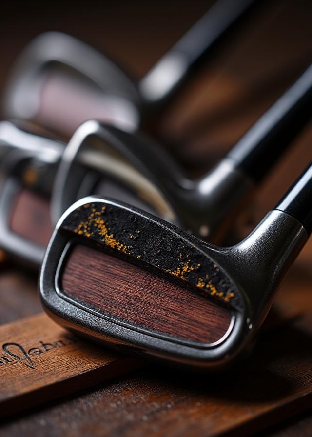 美しい配置の、黒い木目模様のインレイが施されたオーダーメイドのゴルフアイアンセット